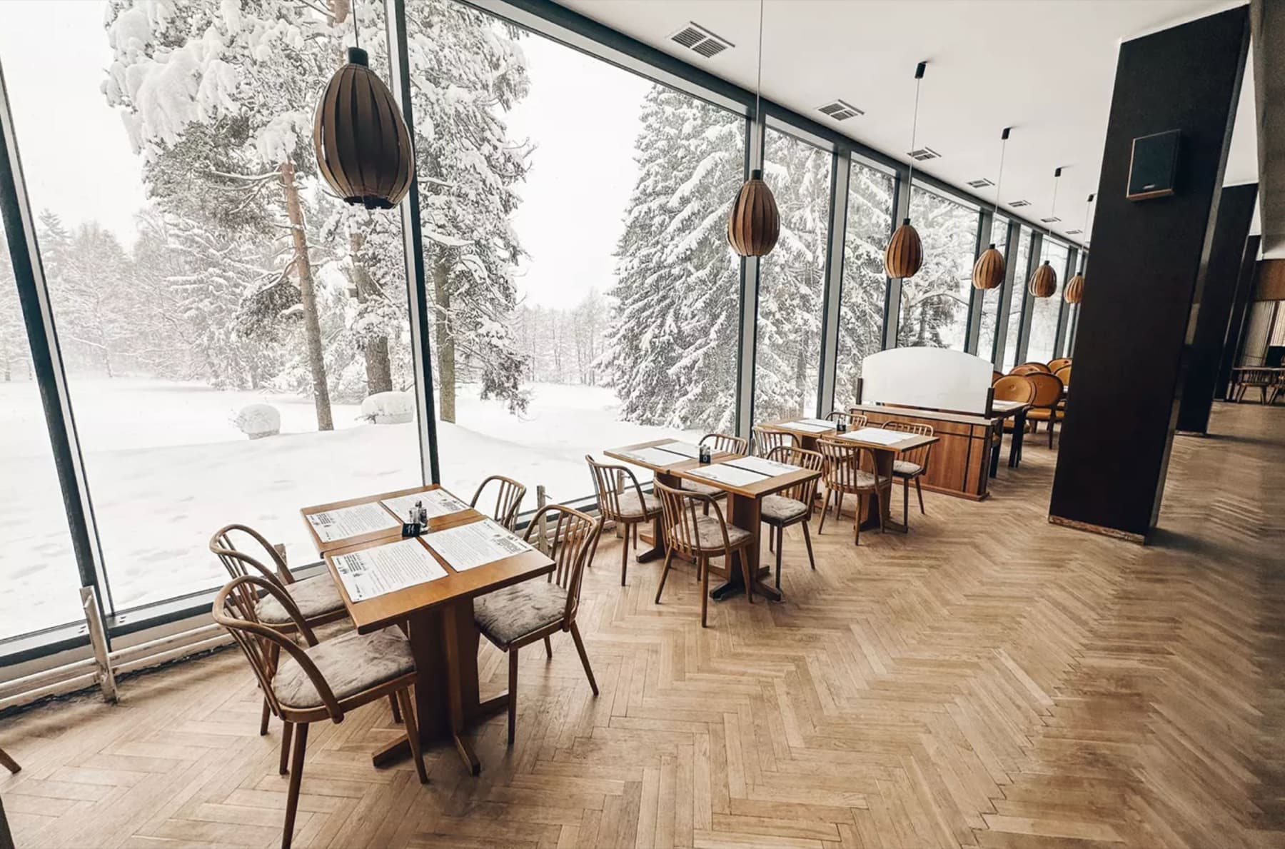 Restaurace s výhledem do zimního lesa